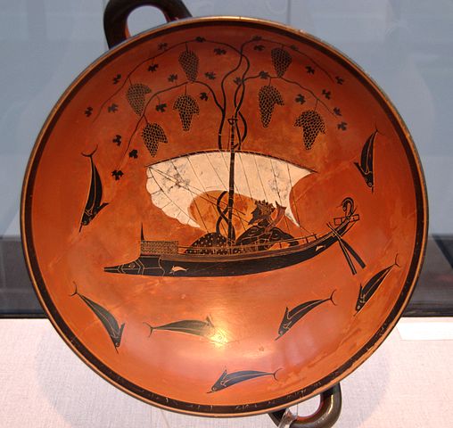 Dionysus, black-figure kylix, ca. 530 BC - Staatliche Antikensammlungen, Munich - photo: Bibi Saint-Pol, Wikimedia Commons <http://en.wikipedia.org/wiki/File:Exekias_Dionysos_Staatliche_Antikensammlungen_2044_n2.jpg>