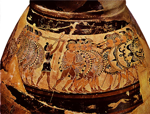 Een botsing tussen zwaargewapende infanteristen, zgn. hoplieten, afgebeeld op een protocorinthische vaas, ca. 640 v.Chr. - bron foto: http://www.hsc.csu.edu.au/ancient_history/historical_periods/greece/greek_world/hoplitewarfare.htm