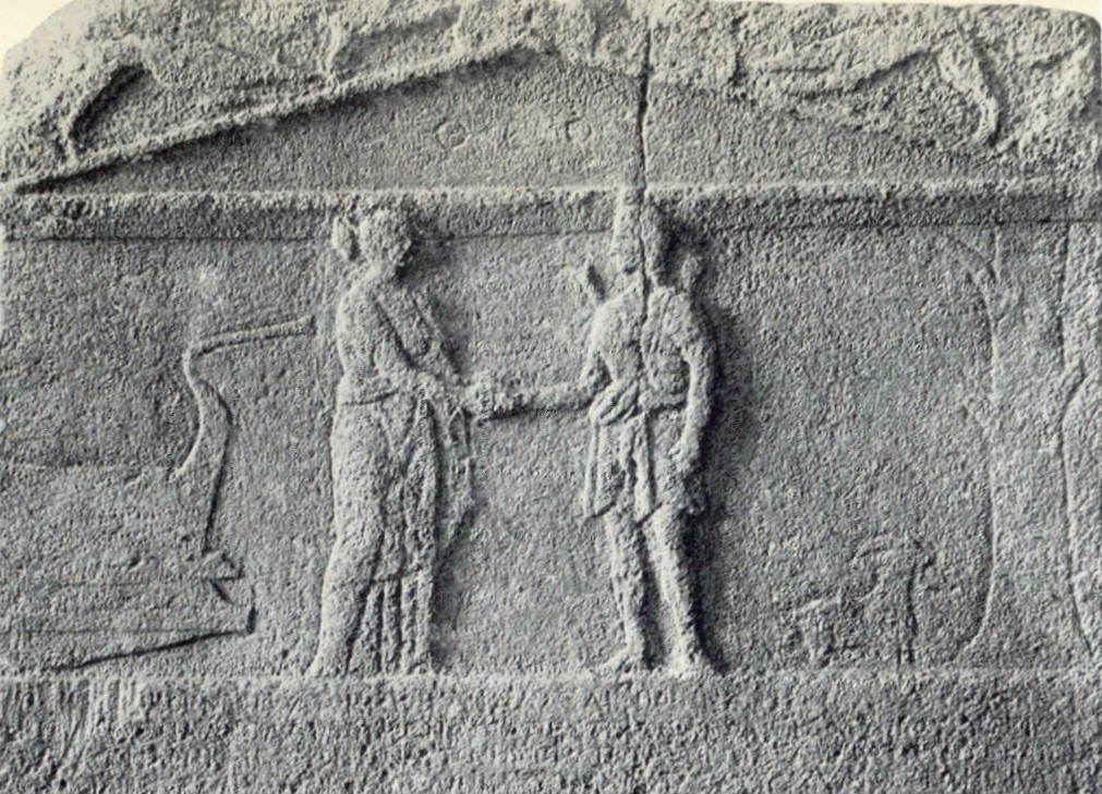 Relief crowning a treaty between Phalasarna and Polyrrhenia, Dictynna (r) symbolizing Polyrrhenia - photo: Inscriptiones Creticae II.xi.1 (p. 132)