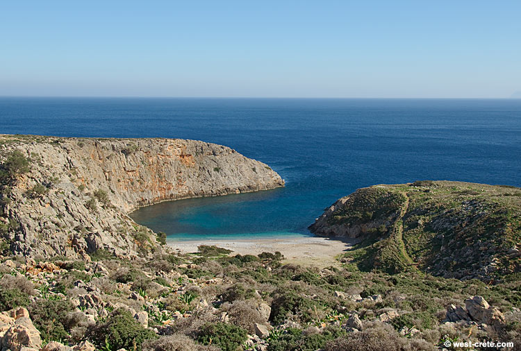 Menies bay on the Rhodopou peninsula - The temple of Dictynna was situated on the hill to the right (south) of the beach - photo: http://www.west-crete.com/dailypics/crete-2007/1-28-07.shtm, reproduced with permission of the copyright owner