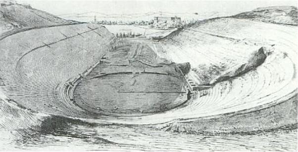 Het Panathenaeïsche stadion na de opgravingen van 1869/70 - herkomst foto: <http://en.wikipedia.org/wiki/File:Panathinaiko_Stadio_1870.JPG>