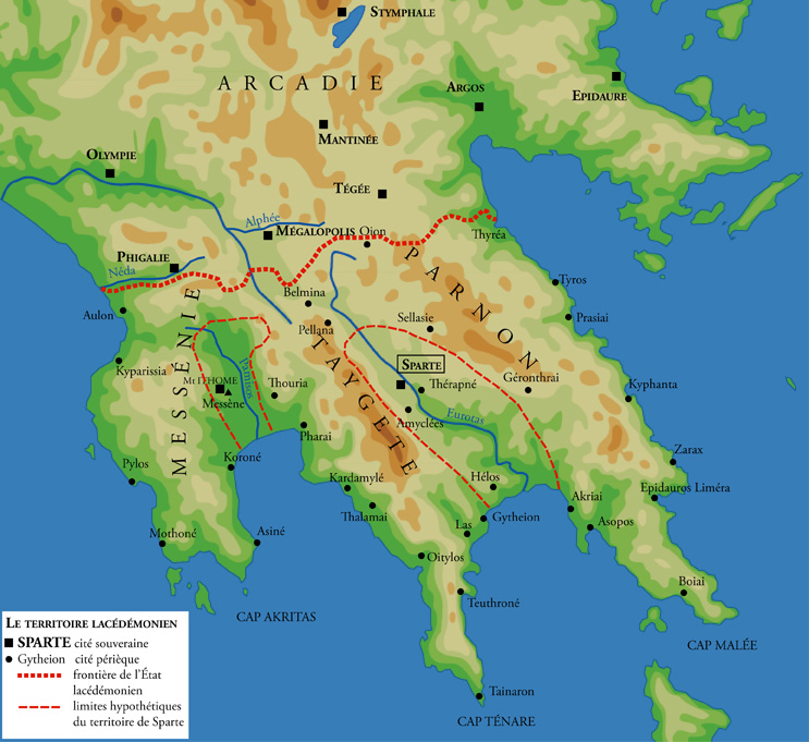 Territorium van Sparta in de klassieke periode - Kaart: Wikimedia Commons (Marsyas), CC BY-SA 3.0