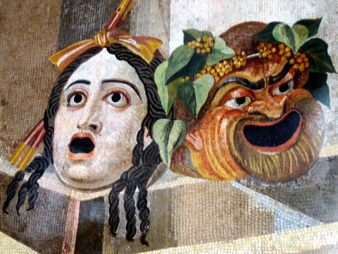 Comic masks, 2nd century AD, Capitoline museums - photo by Anthony Majanlahti ('antmoose'), <http://en.wikipedia.org/wiki/File:TragicComicMasksHadriansVillamosaic.jpg#file>
