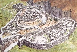 Mycene, reconstructietekening van het paleis in de 13de eeuw v.Chr.