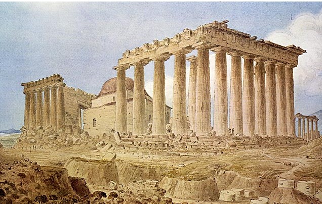Het Parthenon met 18de-eeuwse moskee, aquarel van James Skene ca. 1840